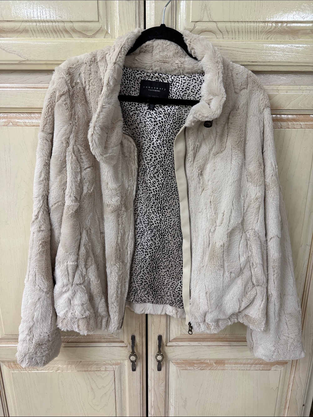 Sanctuary Cream Faux Fur Teddy Jacket with Leopard Lining